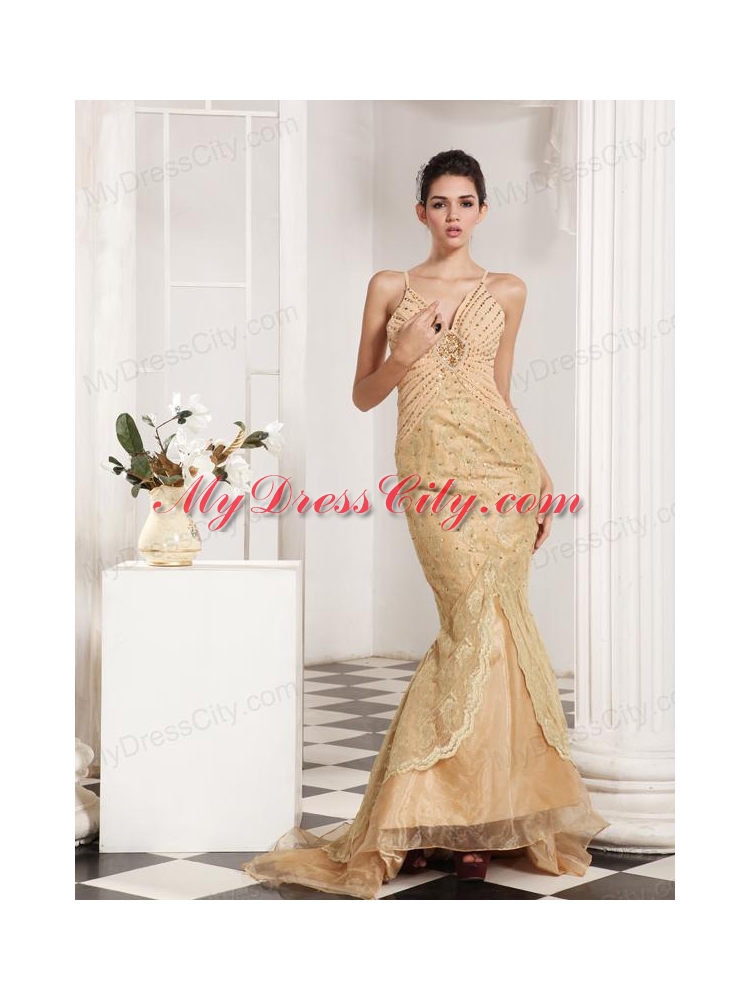 Mermaid Straps Champagne Appliques and Beading Brush Train Prom Dress