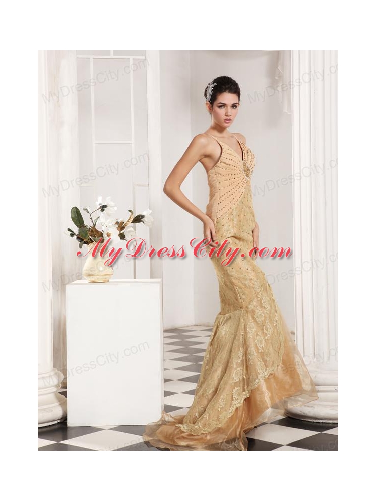 Mermaid Straps Champagne Appliques and Beading Brush Train Prom Dress