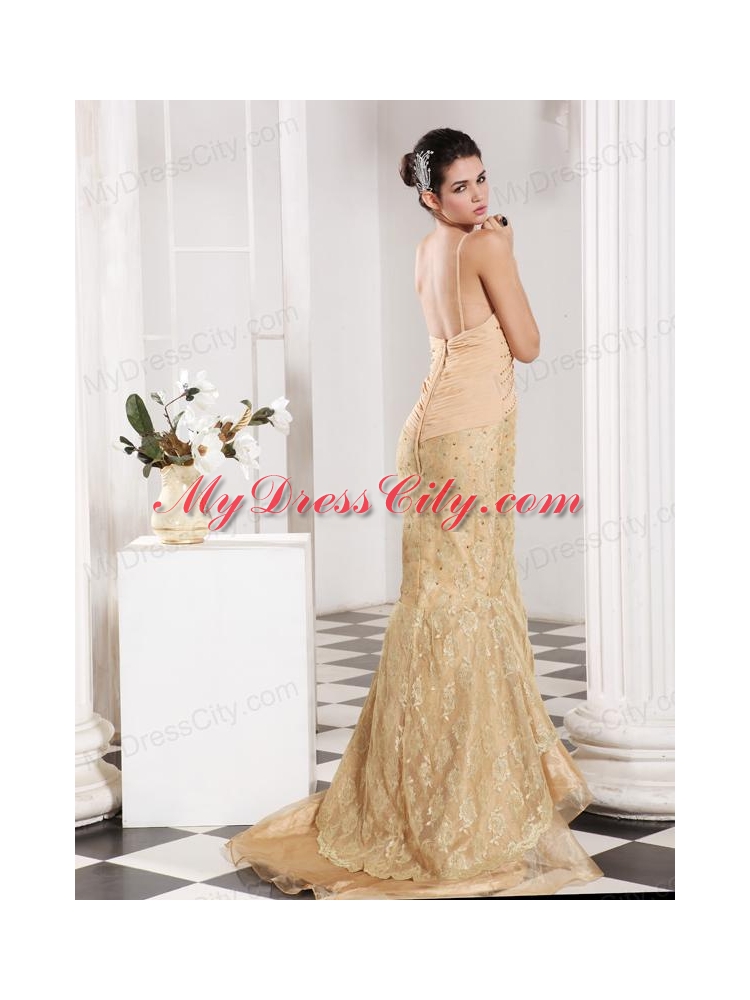 Mermaid Straps Champagne Appliques and Beading Brush Train Prom Dress