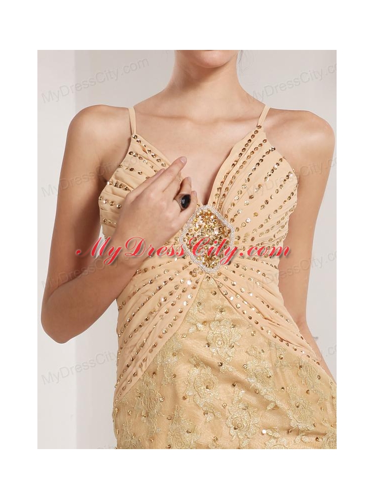 Mermaid Straps Champagne Appliques and Beading Brush Train Prom Dress