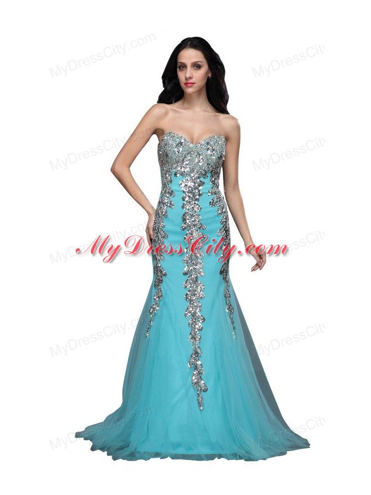 Mermaid Sweetheart Appliques Light Blue Brush Train Prom Dress