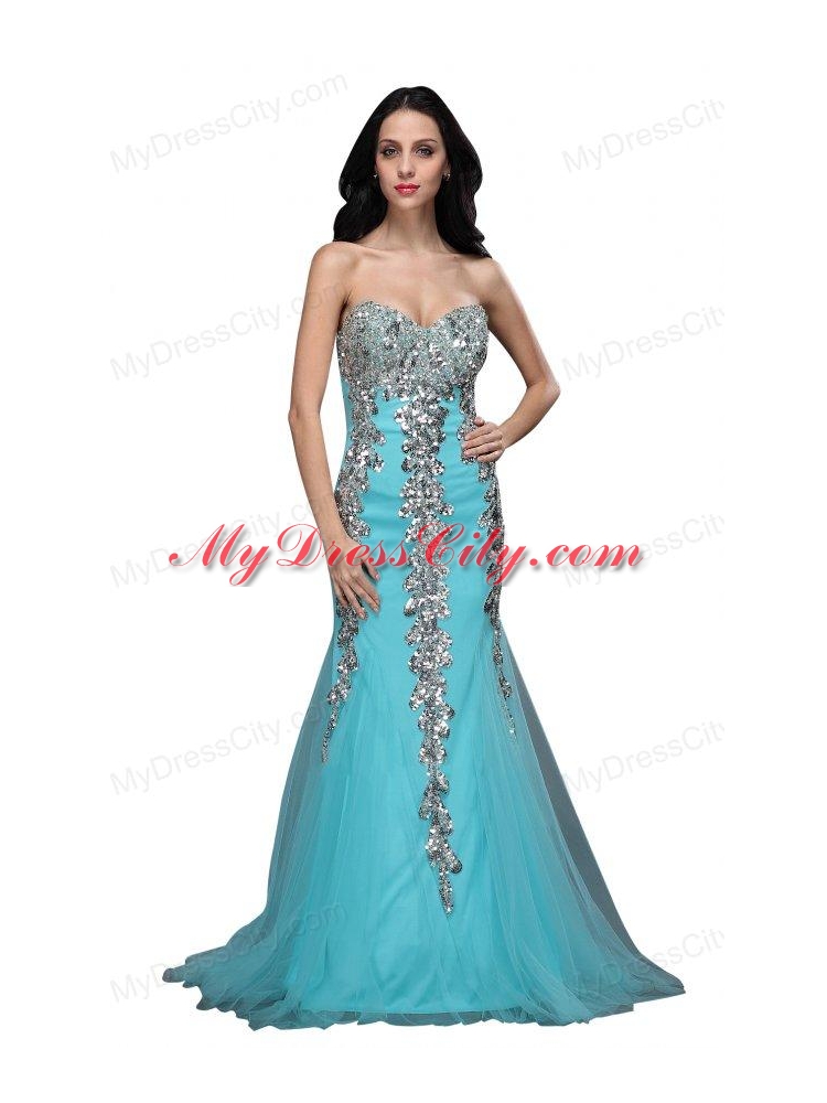 Mermaid Sweetheart Appliques Light Blue Brush Train Prom Dress