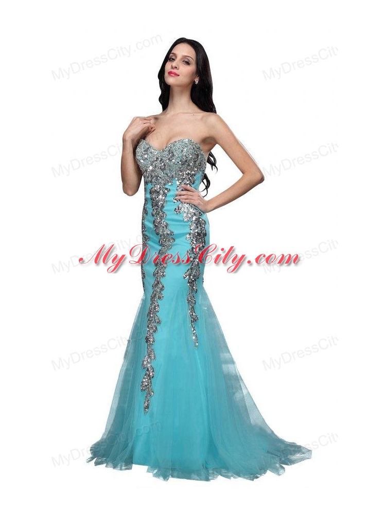 Mermaid Sweetheart Appliques Light Blue Brush Train Prom Dress