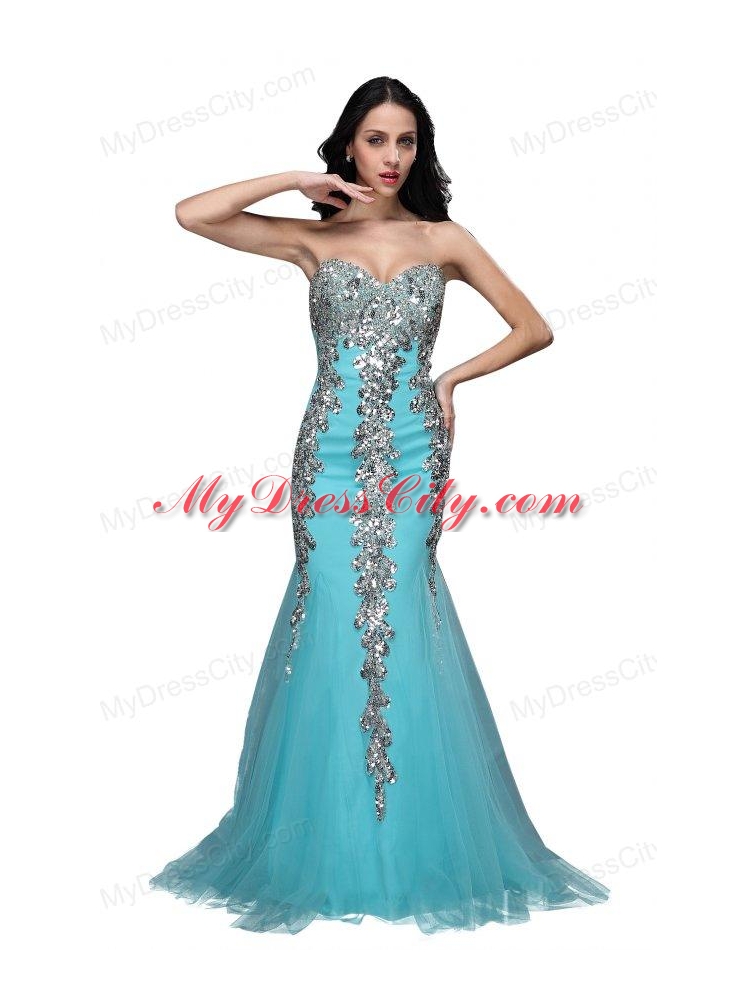 Mermaid Sweetheart Appliques Light Blue Brush Train Prom Dress