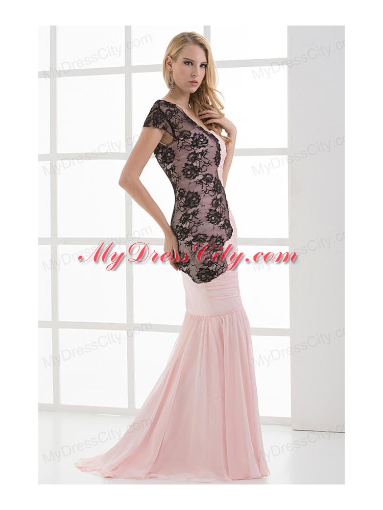 Mermaid Sweetheart Ruching Chiffon Lace Light Pink Prom Dress