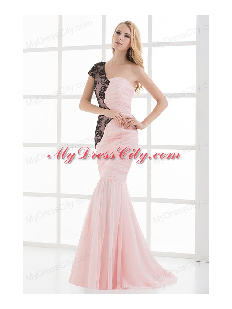 Mermaid Sweetheart Ruching Chiffon Lace Light Pink Prom Dress