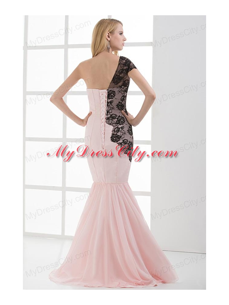 Mermaid Sweetheart Ruching Chiffon Lace Light Pink Prom Dress