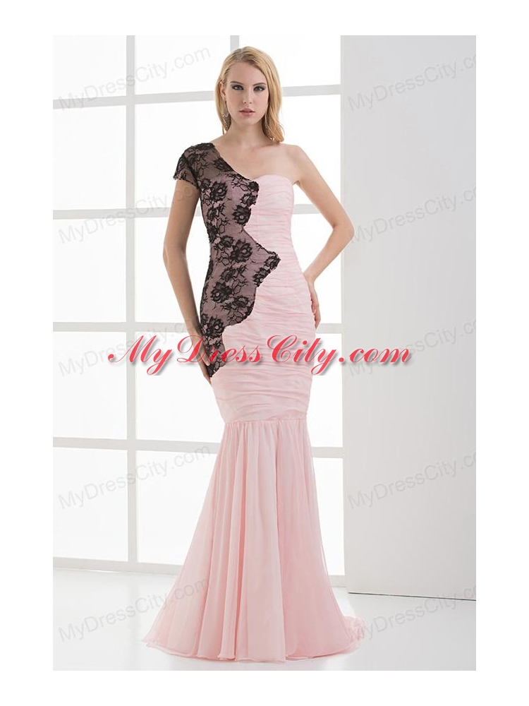 Mermaid Sweetheart Ruching Chiffon Lace Light Pink Prom Dress