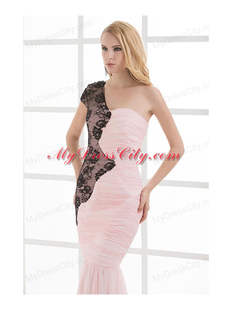 Mermaid Sweetheart Ruching Chiffon Lace Light Pink Prom Dress