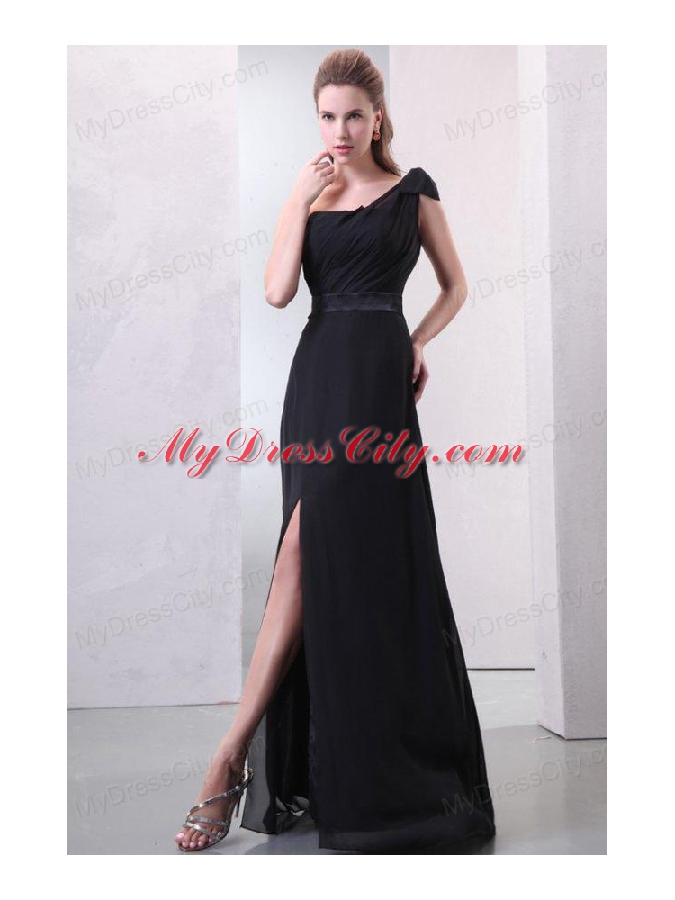 One Shoulder Black Ruche and Silt Chiffon Prom Dress in Full Length