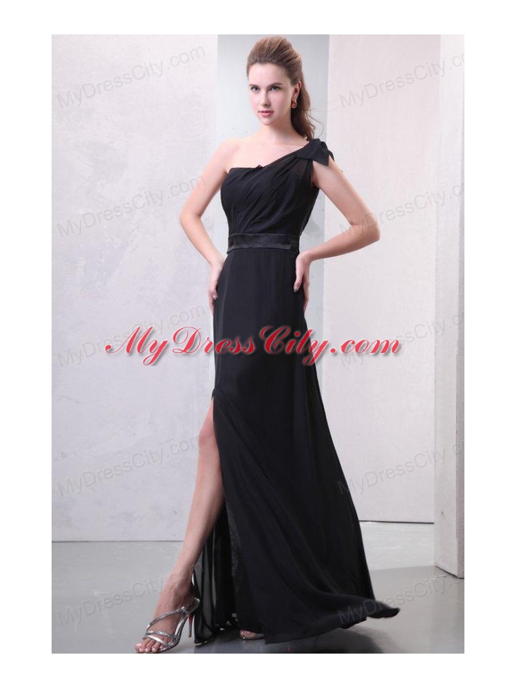 One Shoulder Black Ruche and Silt Chiffon Prom Dress in Full Length