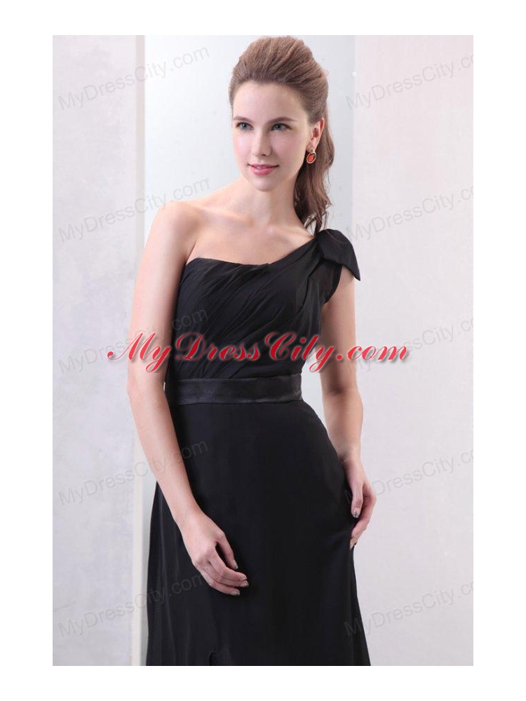 One Shoulder Black Ruche and Silt Chiffon Prom Dress in Full Length