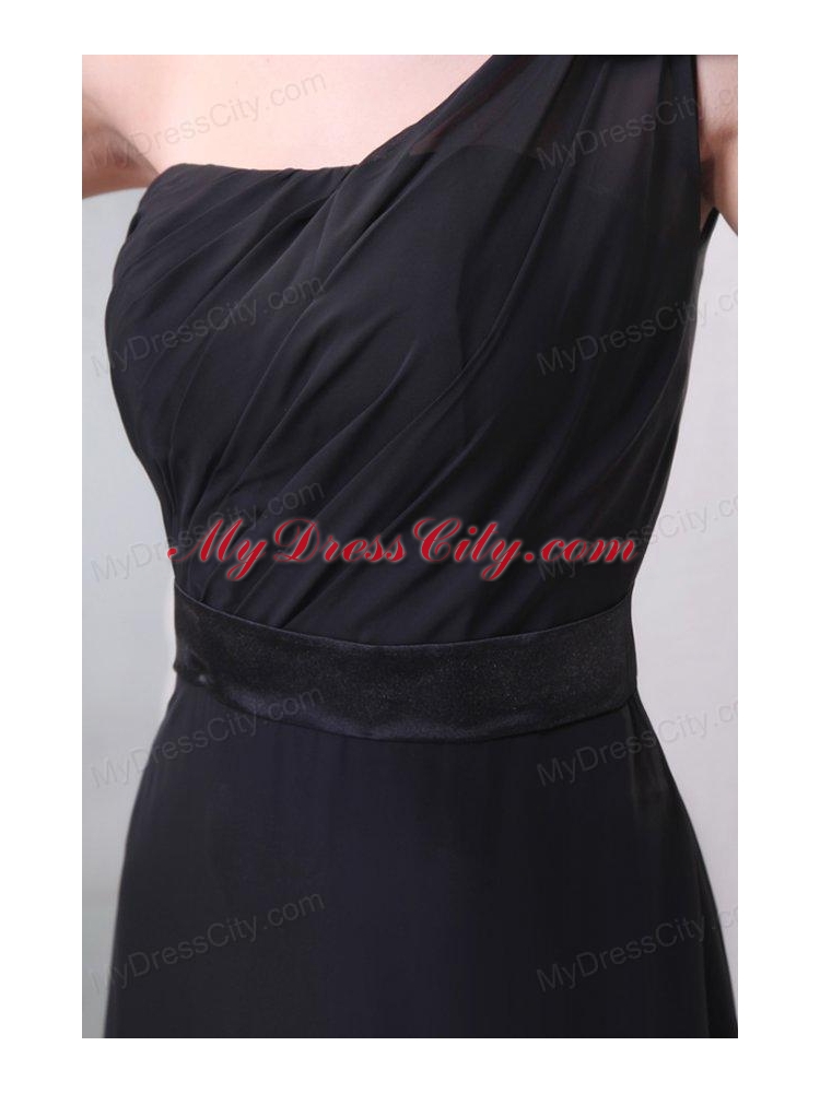 One Shoulder Black Ruche and Silt Chiffon Prom Dress in Full Length