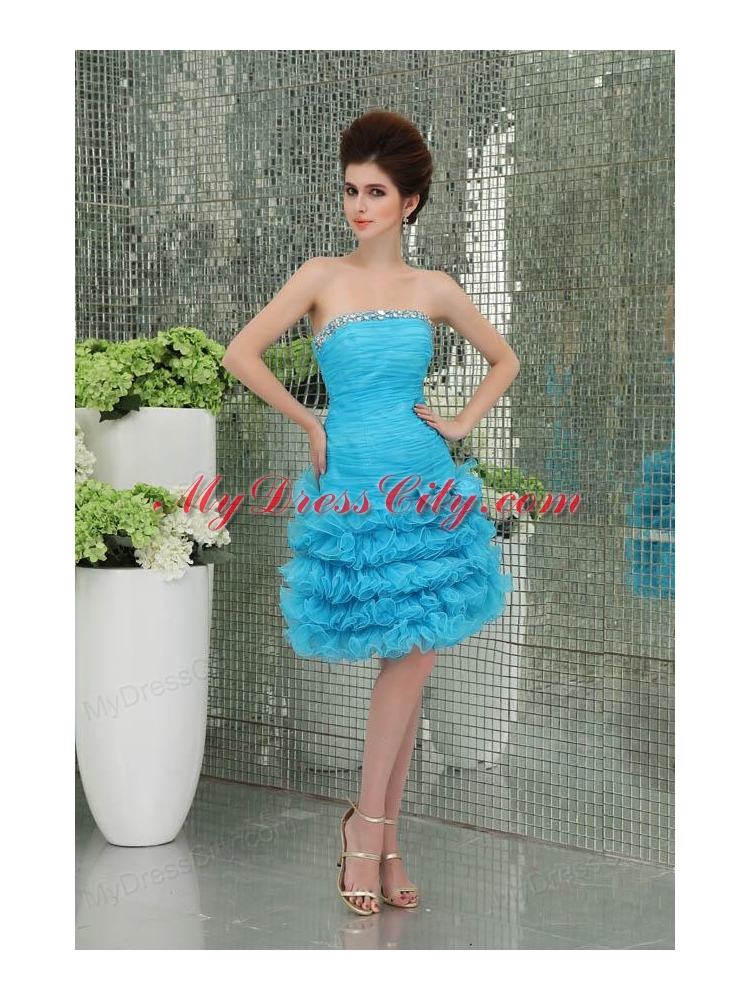 Organza Baby Bule Prom Dress with Ruffled Layers Bowknot Strapless A-line