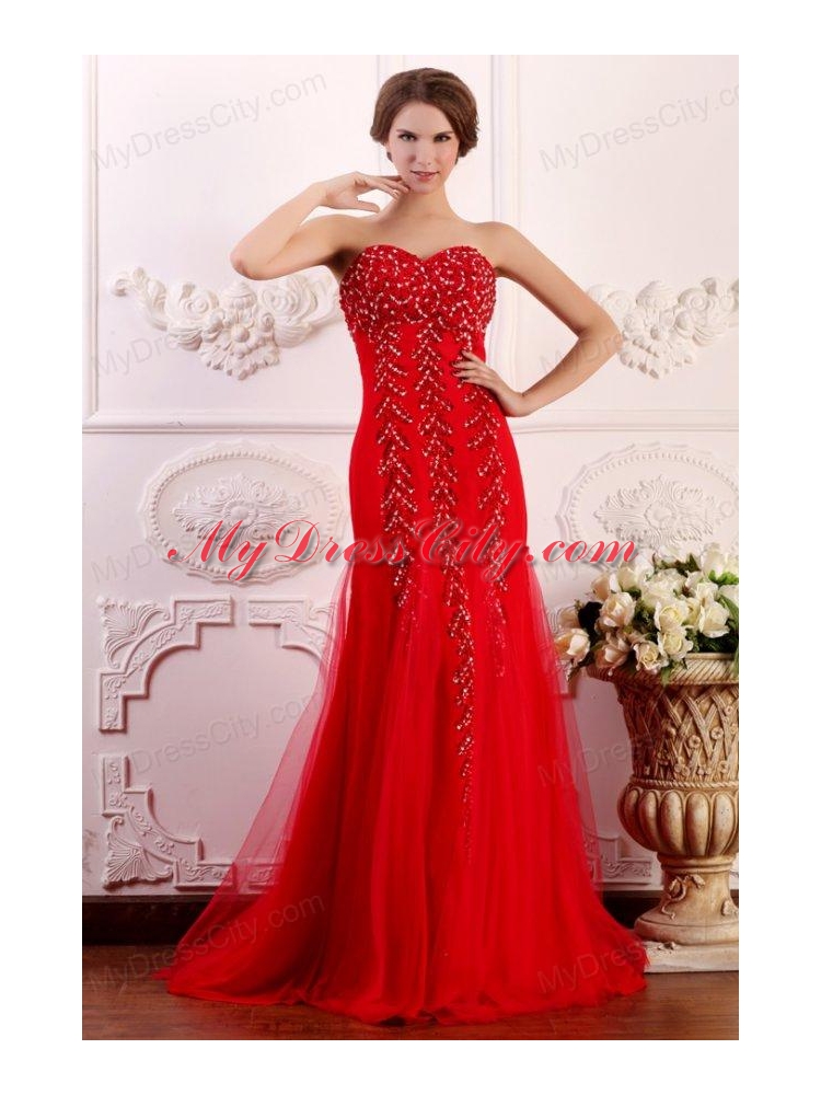 Red Column Sweetheart Brush Train Prom Dress with Beading