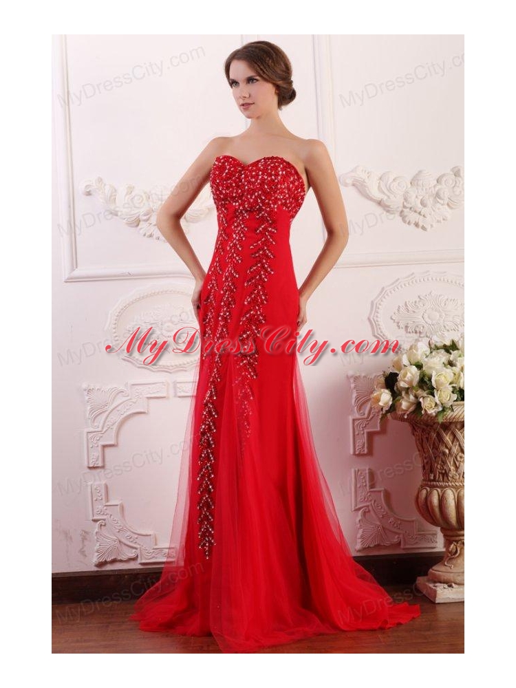 Red Column Sweetheart Brush Train Prom Dress with Beading