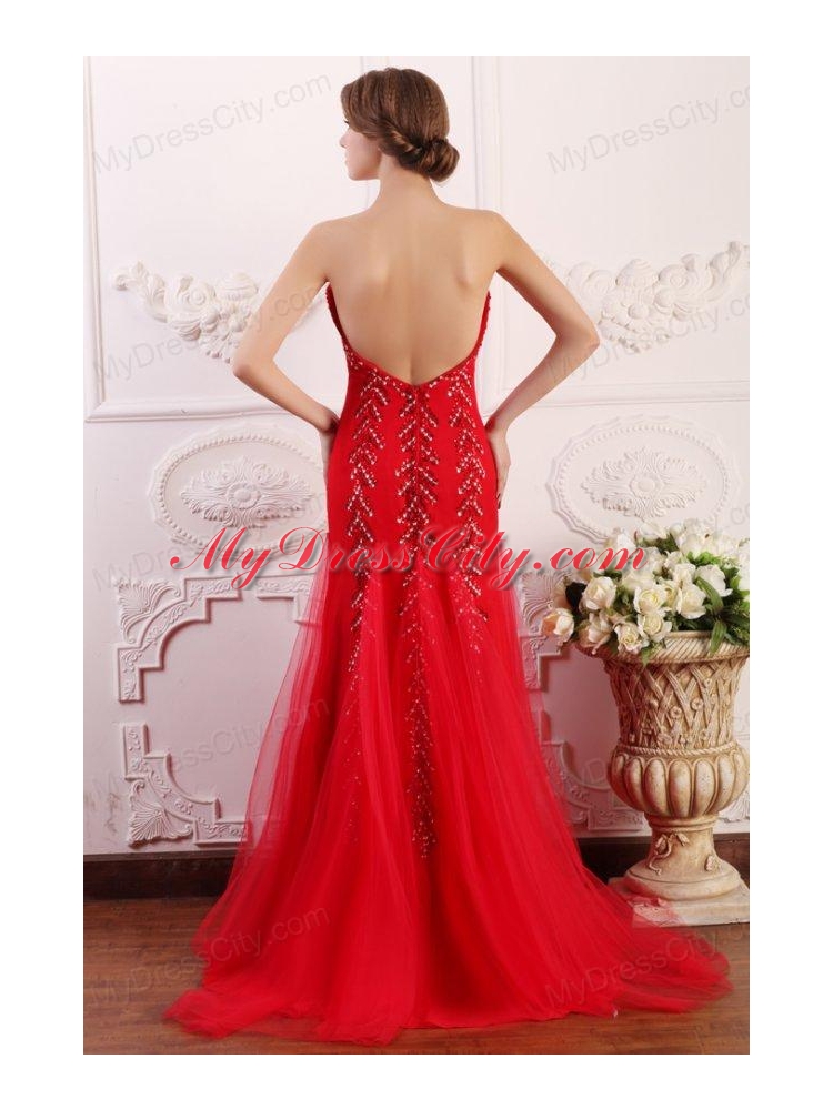 Red Column Sweetheart Brush Train Prom Dress with Beading