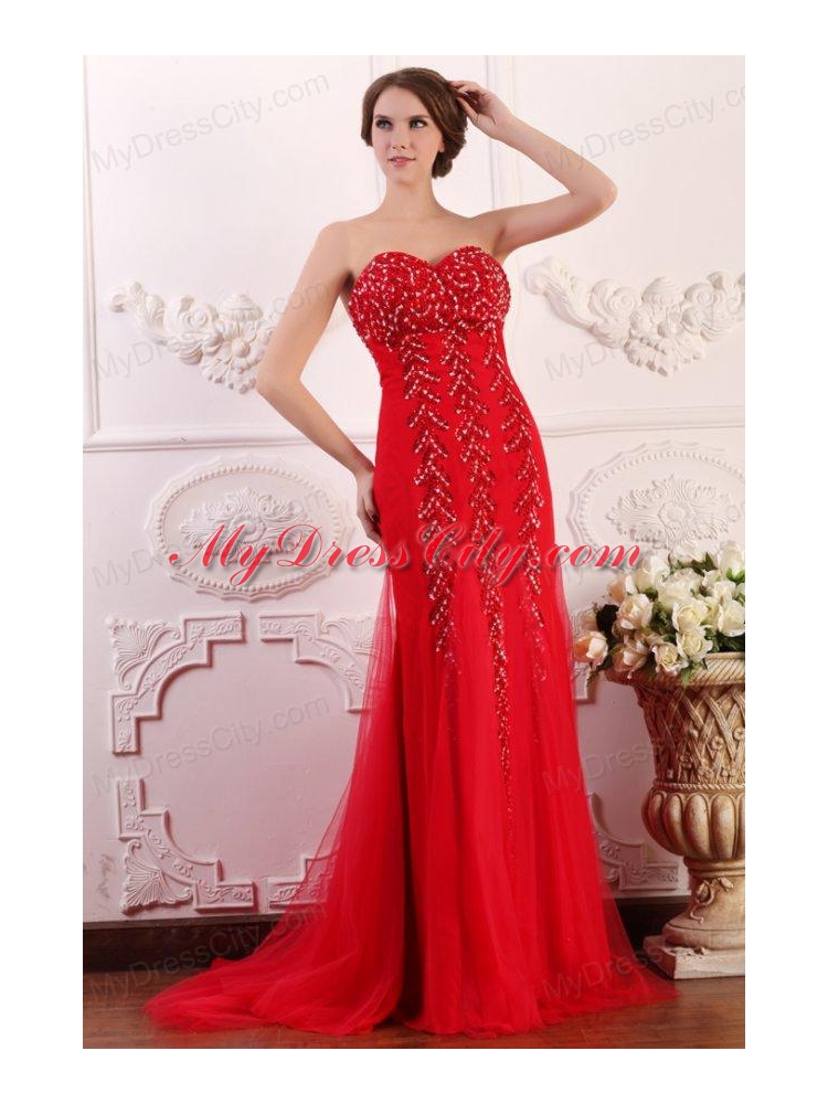 Red Column Sweetheart Brush Train Prom Dress with Beading