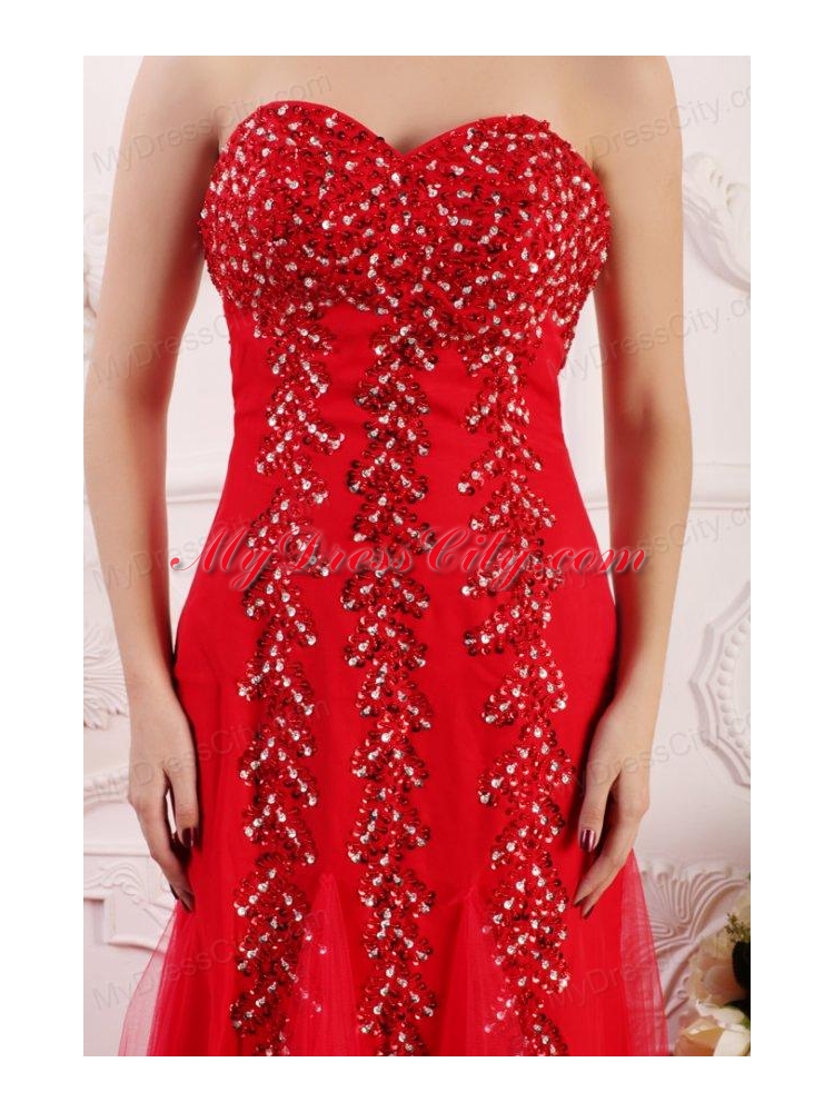 Red Column Sweetheart Brush Train Prom Dress with Beading