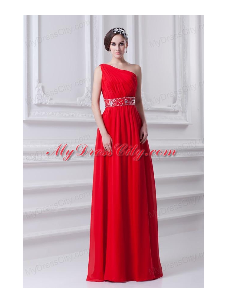 Red Empire One Shoulder Chiffon Prom Dress with Beading and Ruching