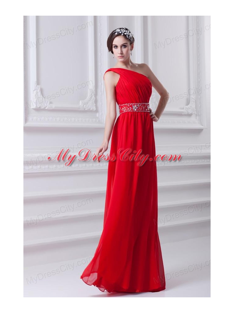 Red Empire One Shoulder Chiffon Prom Dress with Beading and Ruching