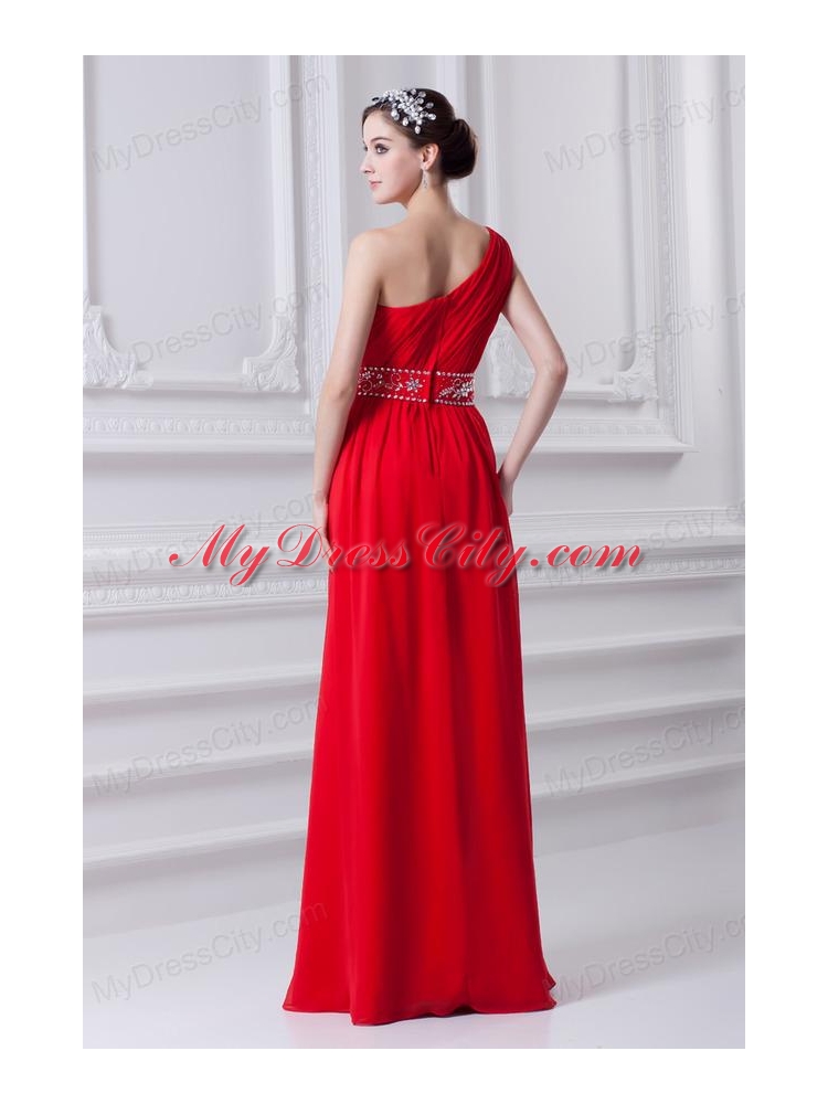 Red Empire One Shoulder Chiffon Prom Dress with Beading and Ruching