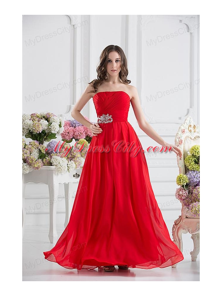 Red Empire Strapless Chiffon Floor-length Prom Dress