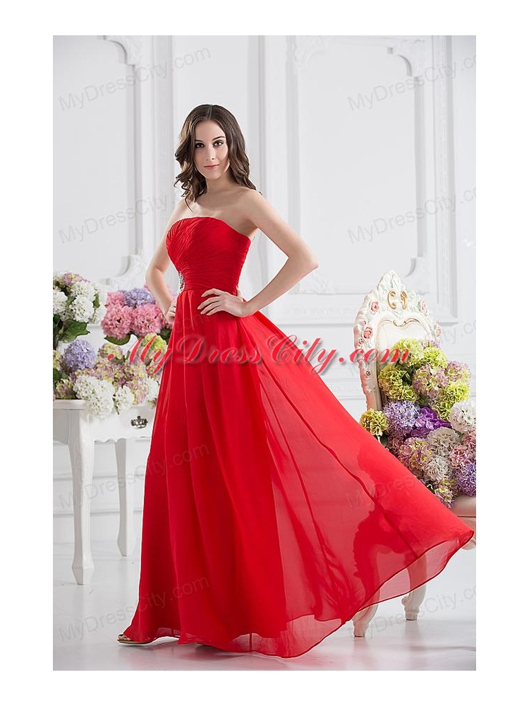 Red Empire Strapless Chiffon Floor-length Prom Dress