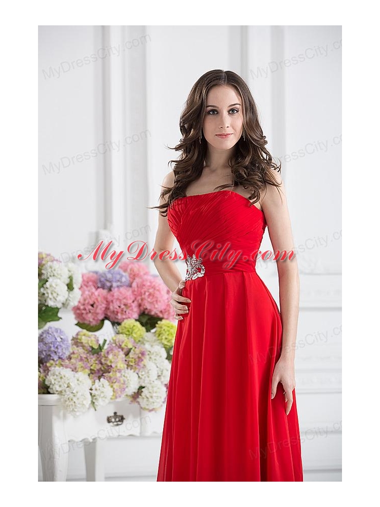 Red Empire Strapless Chiffon Floor-length Prom Dress