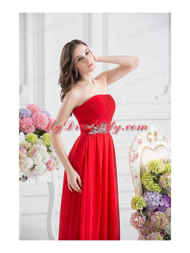 Red Empire Strapless Chiffon Floor-length Prom Dress