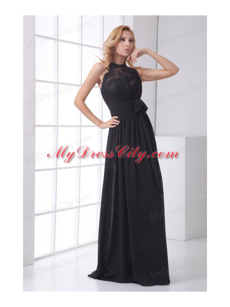 Simple Empire Halter Lace Chiffon Floor-length Black Prom Dress