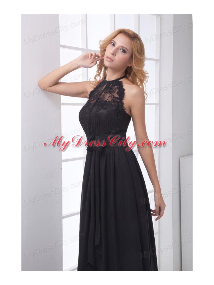 Simple Empire Halter Lace Chiffon Floor-length Black Prom Dress