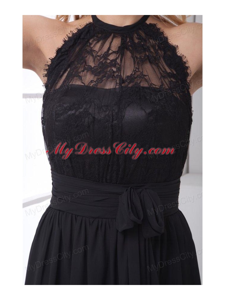 Simple Empire Halter Lace Chiffon Floor-length Black Prom Dress