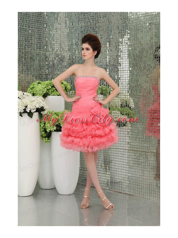 Strapless A-line Organza Watermelon Prom Dress with Ruffled Layers