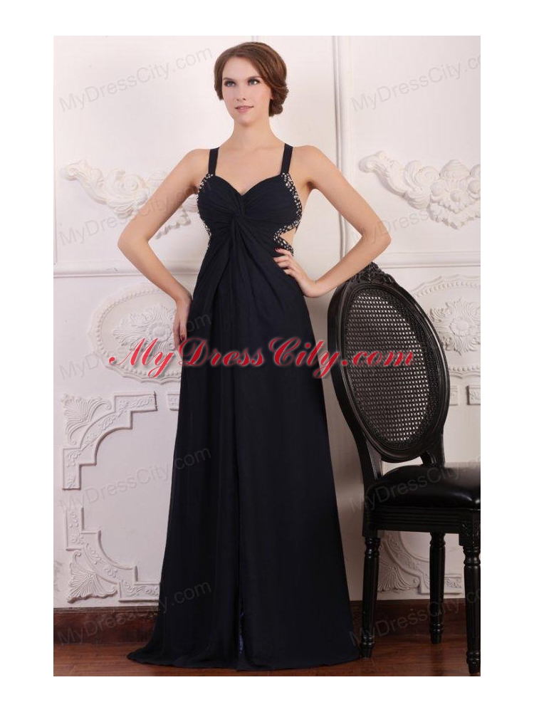 Straps Empire Chiffon Beading Sweep Train Prom Dress in Black