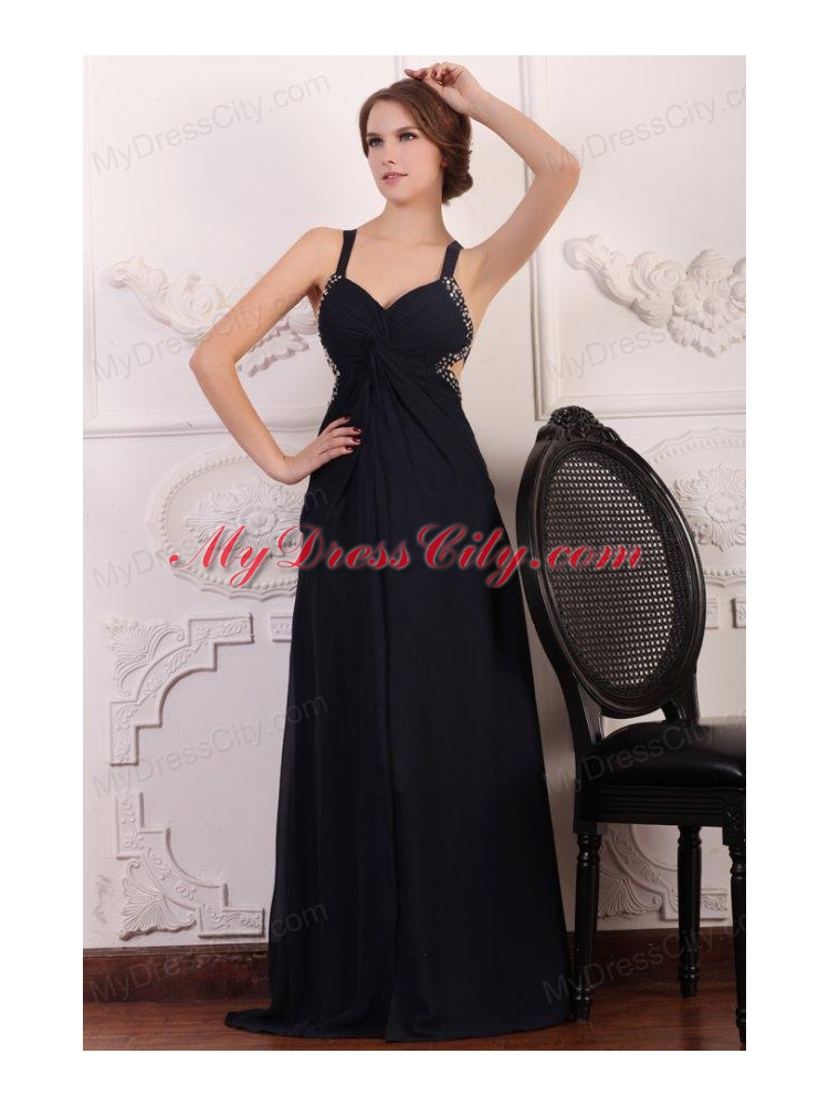 Straps Empire Chiffon Beading Sweep Train Prom Dress in Black