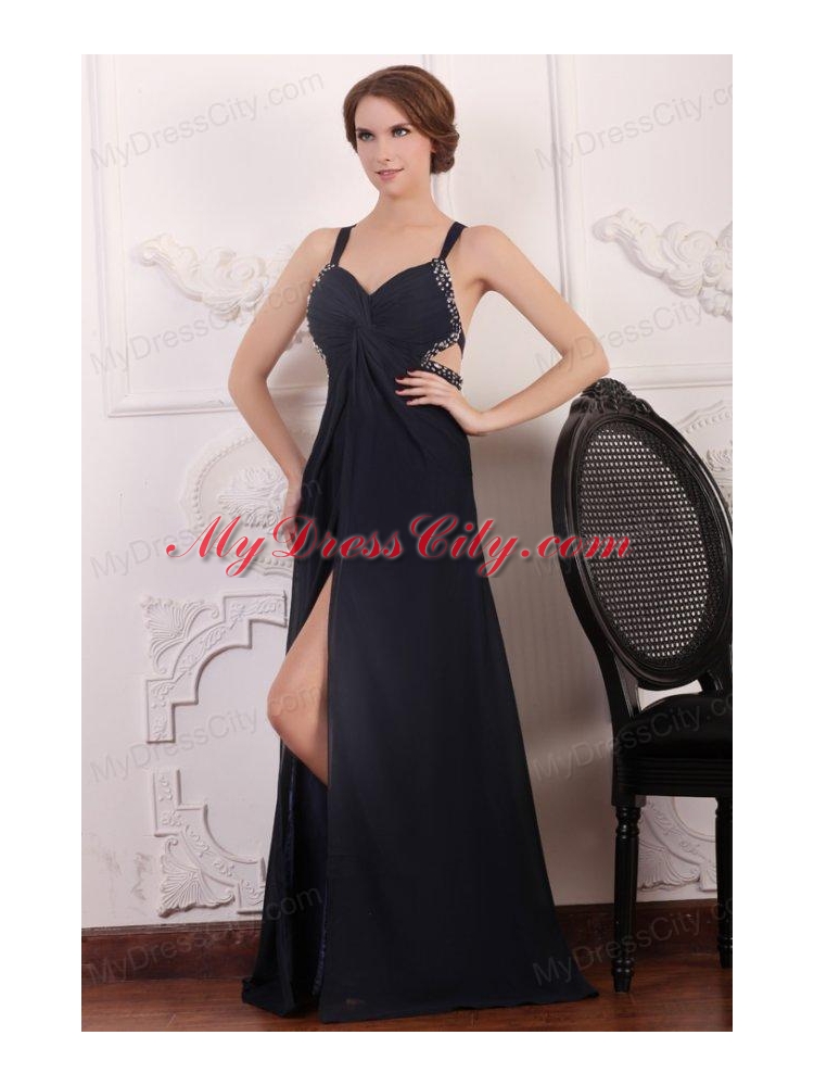 Straps Empire Chiffon Beading Sweep Train Prom Dress in Black