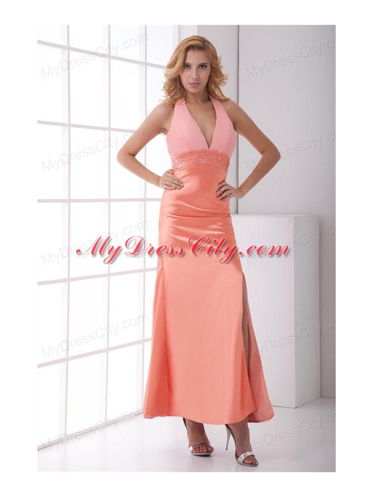 Taffeta Column Halter Backless Floor-length Ruching Watermelon Prom Dress