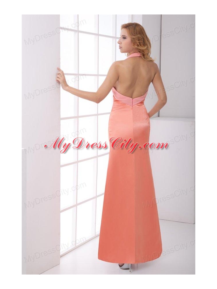 Taffeta Column Halter Backless Floor-length Ruching Watermelon Prom Dress