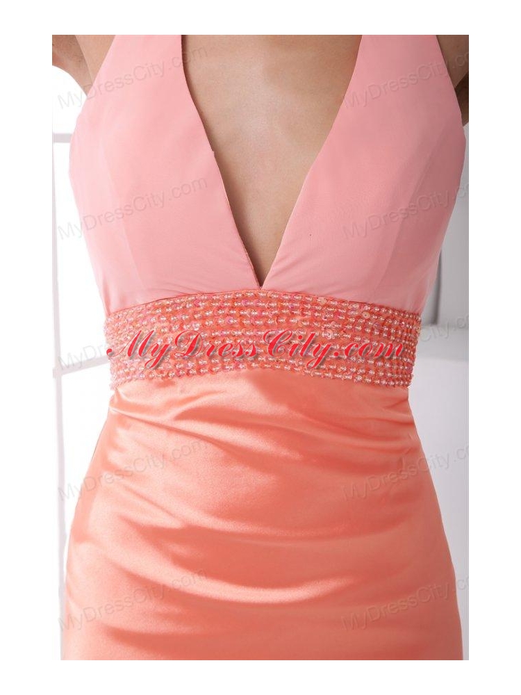 Taffeta Column Halter Backless Floor-length Ruching Watermelon Prom Dress