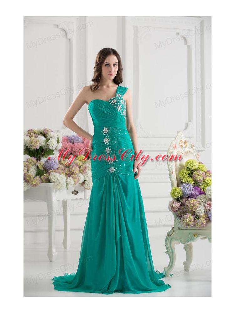 Turquoise One Shoulder Beading and Ruching Prom Dress with Brush Train