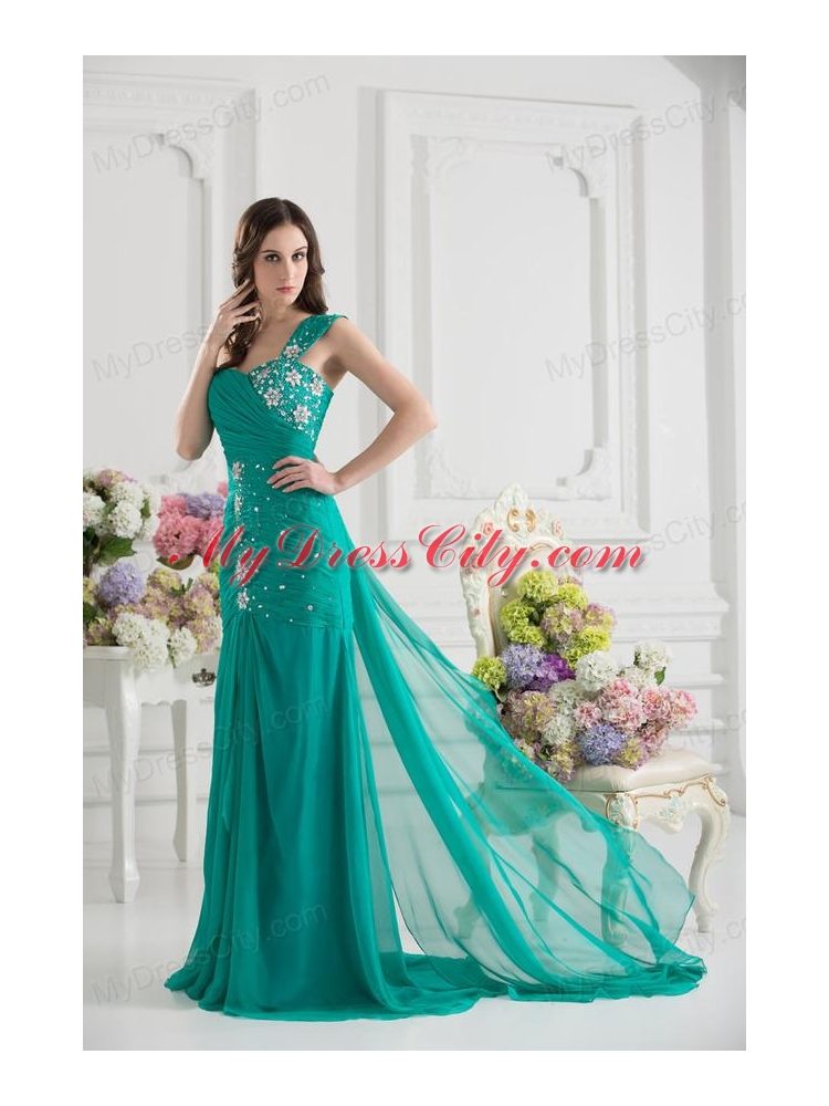 Turquoise One Shoulder Beading and Ruching Prom Dress with Brush Train