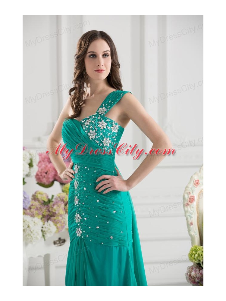 Turquoise One Shoulder Beading and Ruching Prom Dress with Brush Train