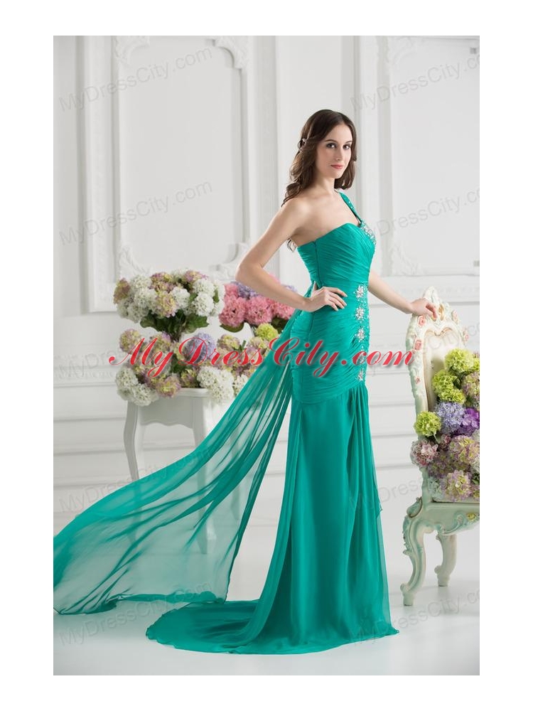 Turquoise One Shoulder Beading and Ruching Prom Dress with Brush Train