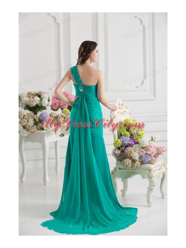 Turquoise One Shoulder Beading and Ruching Prom Dress with Brush Train