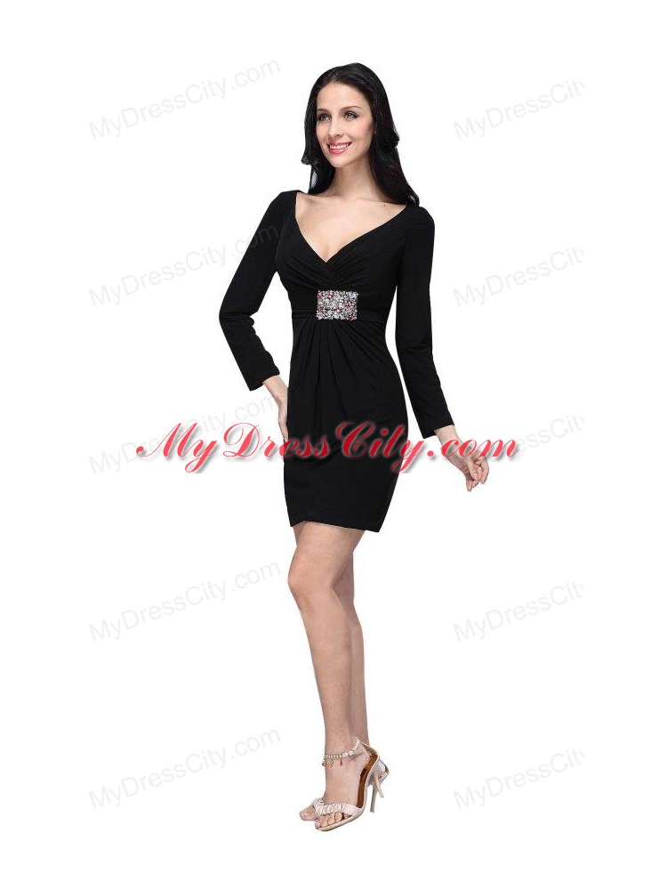 V-neck Black Mini-length Beaded Decorate Prom Dress with Long Sleeves