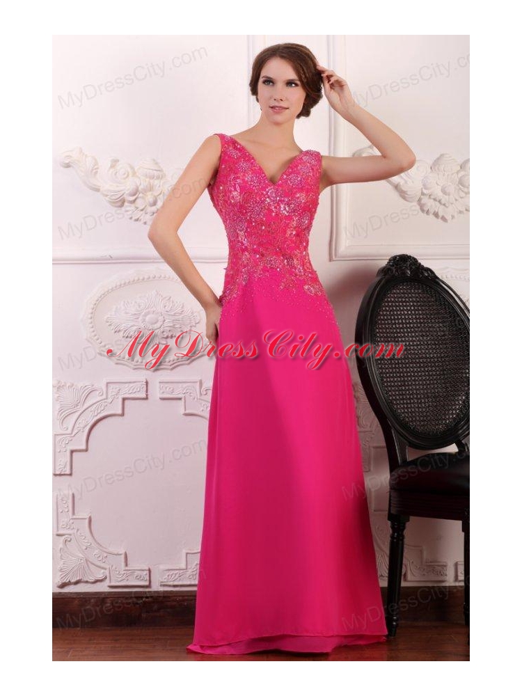 V-neck Empire Chiffon Appliques with Beading Prom Dress in Hot Pink