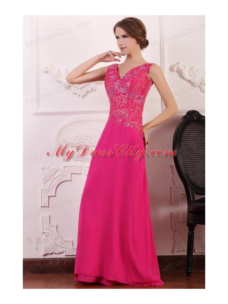 V-neck Empire Chiffon Appliques with Beading Prom Dress in Hot Pink