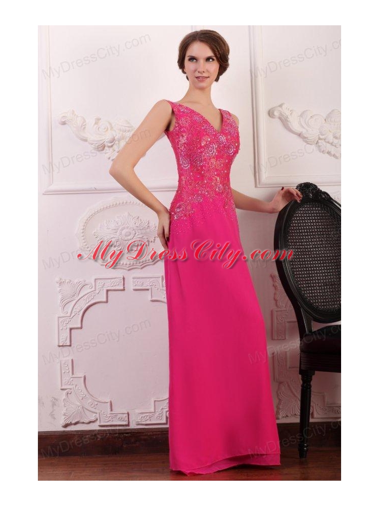 V-neck Empire Chiffon Appliques with Beading Prom Dress in Hot Pink