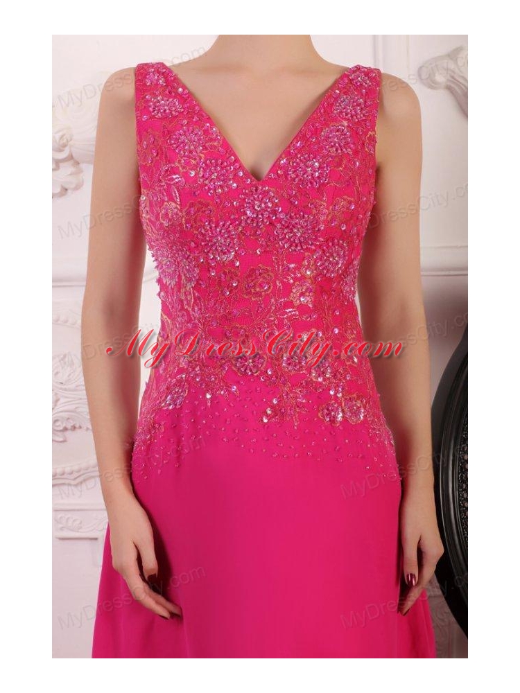 V-neck Empire Chiffon Appliques with Beading Prom Dress in Hot Pink